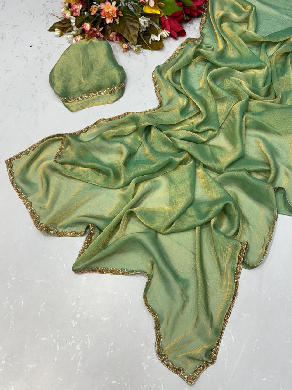Pistachio Green Tissue Dupatta with Golden Lace Border