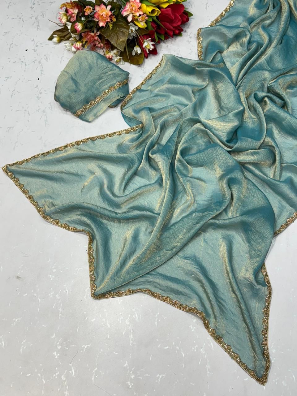 Blue Tissue Dupatta with Golden Lace Border