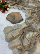 Mocha Brown Satin Saree with Subtle Sequin Embroidery