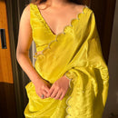 Lime Green Velvet Saree with Scallop Sequin Border