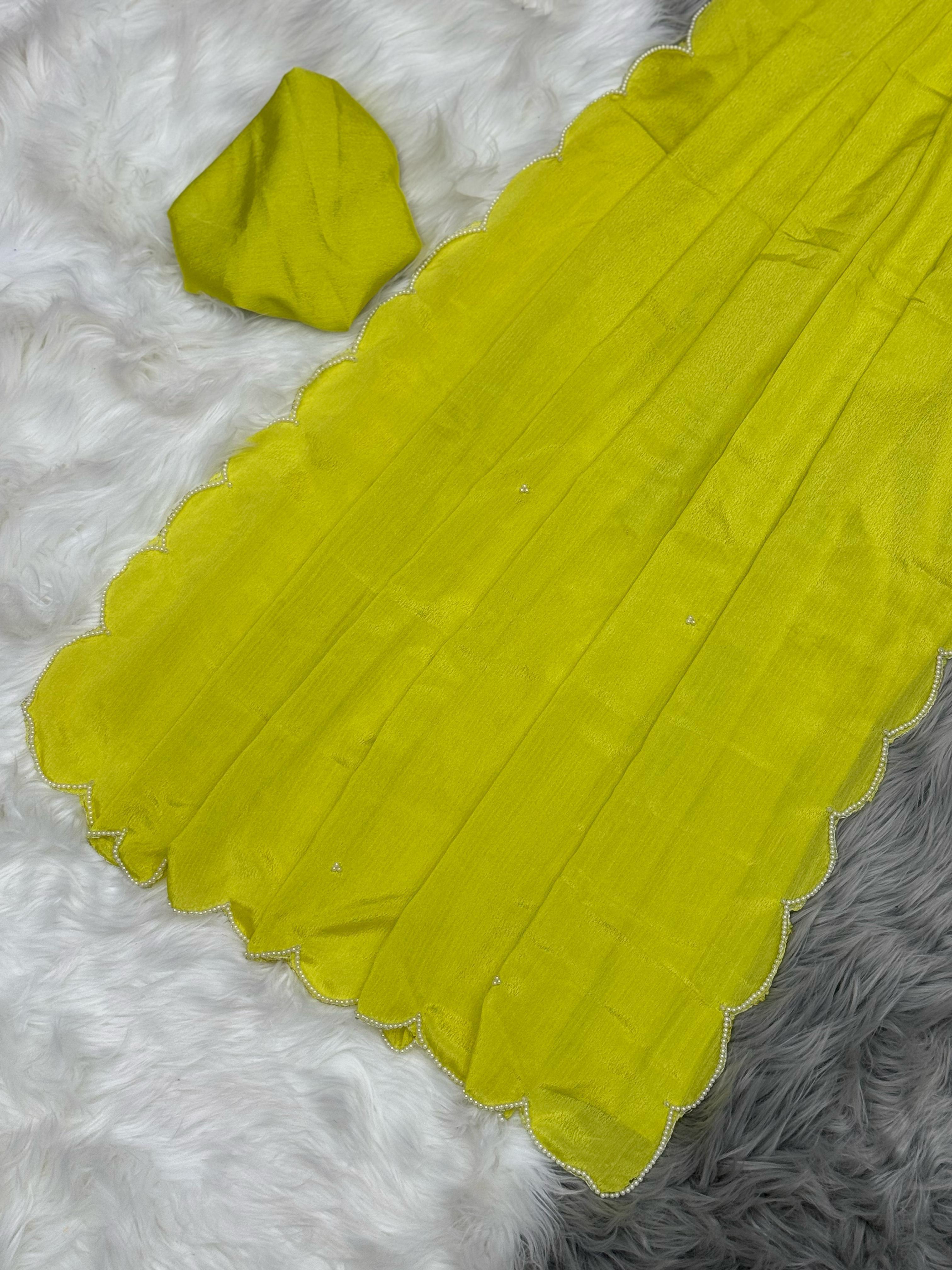 Lime Green Velvet Saree with Scallop Sequin Border