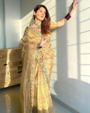 Golden Organza Saree with Hand Mirror Work Border
