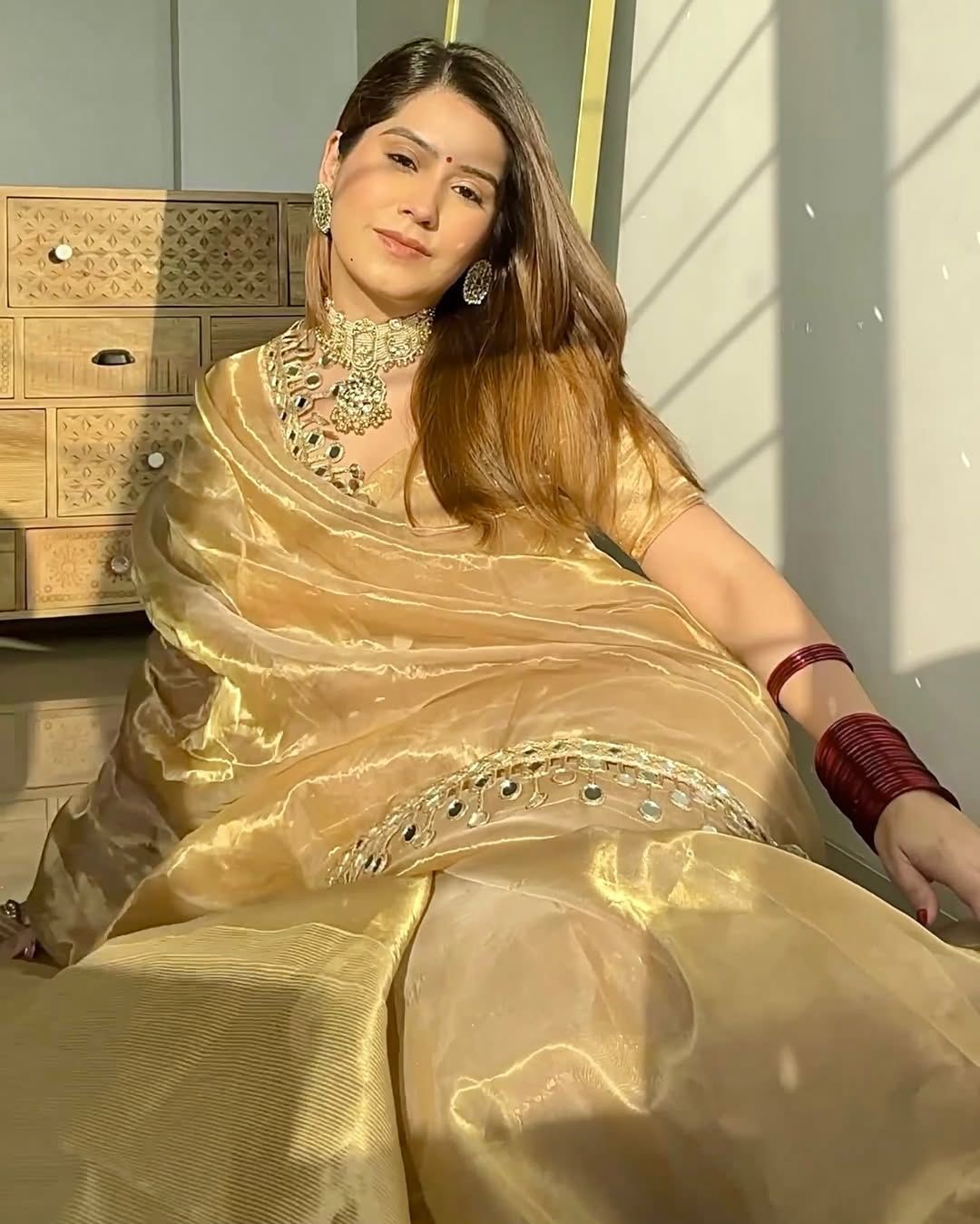Golden Organza Saree with Hand Mirror Work Border