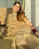 Golden Organza Saree with Hand Mirror Work Border