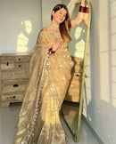 Golden Organza Saree with Hand Mirror Work Border
