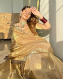 Golden Organza Saree with Hand Mirror Work Border