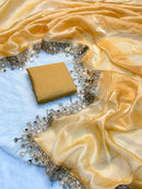 Golden Organza Saree with Hand Mirror Work Border