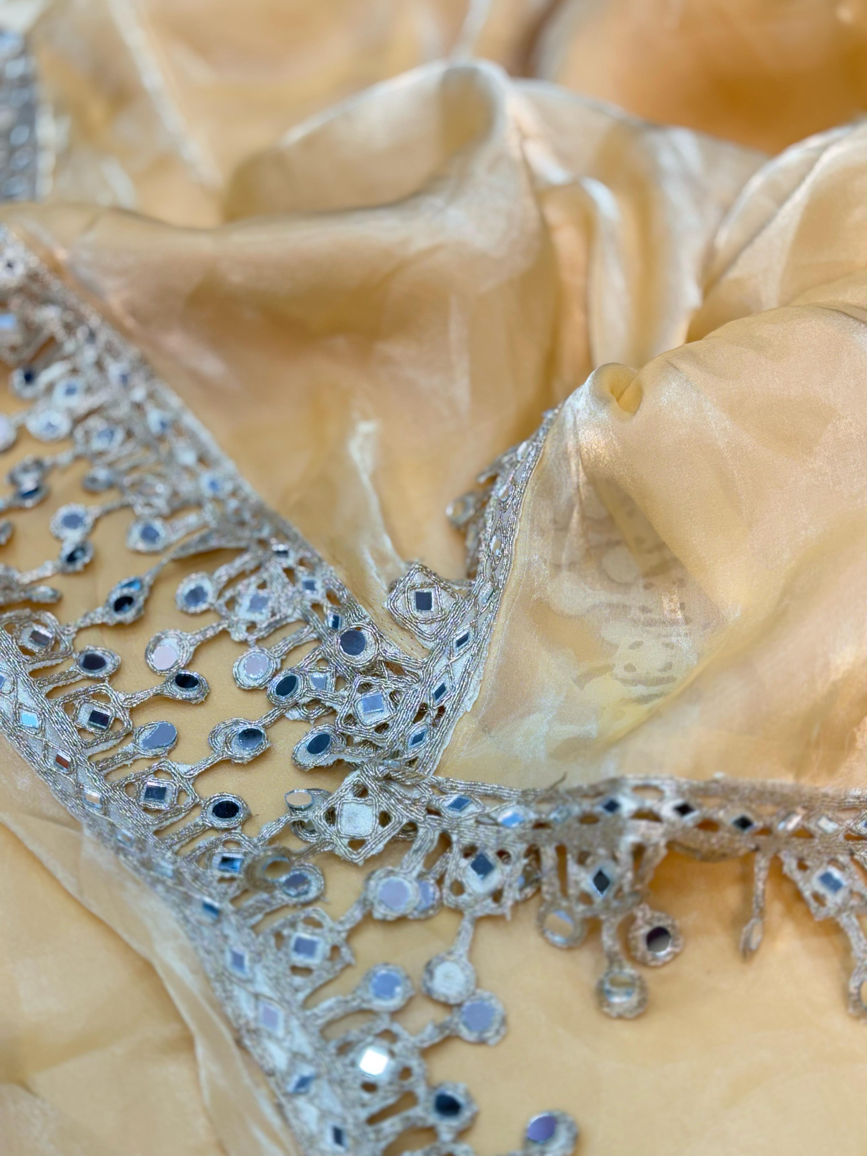 Golden Organza Saree with Hand Mirror Work Border