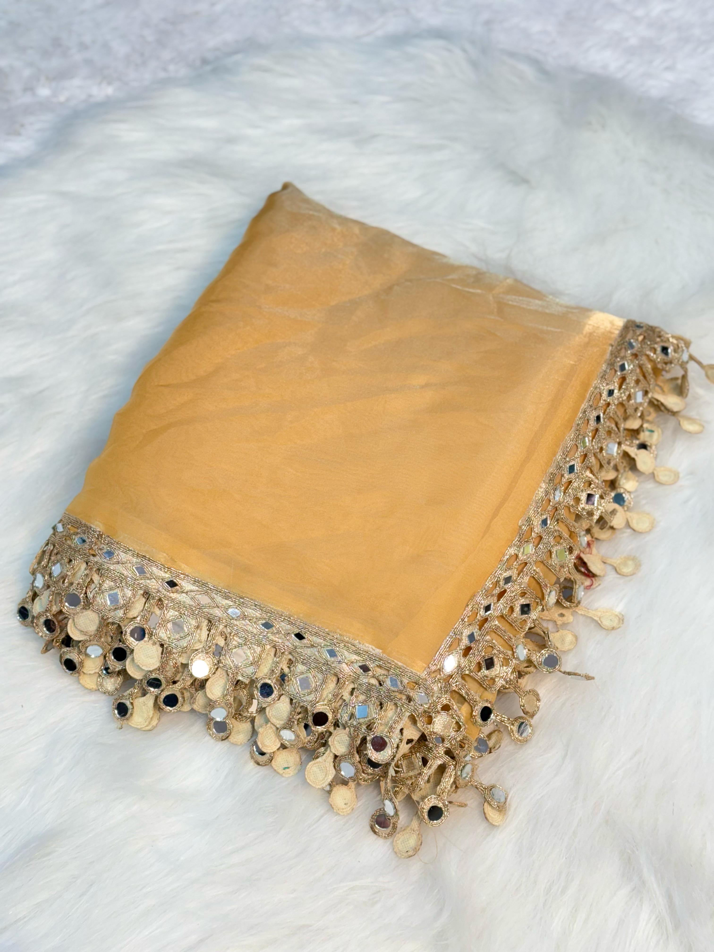 Golden Organza Saree with Hand Mirror Work Border