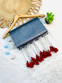Sky Blue Cotton Silk Dupatta with Pink Tassels
