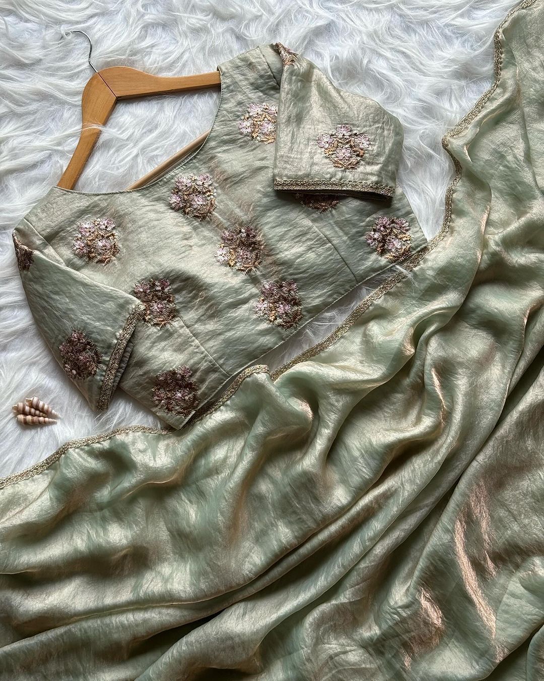 Mint Green Organza Saree with Hand Embroidered Floral Blouse