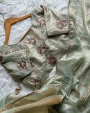 Mint Green Organza Saree with Hand Embroidered Floral Blouse