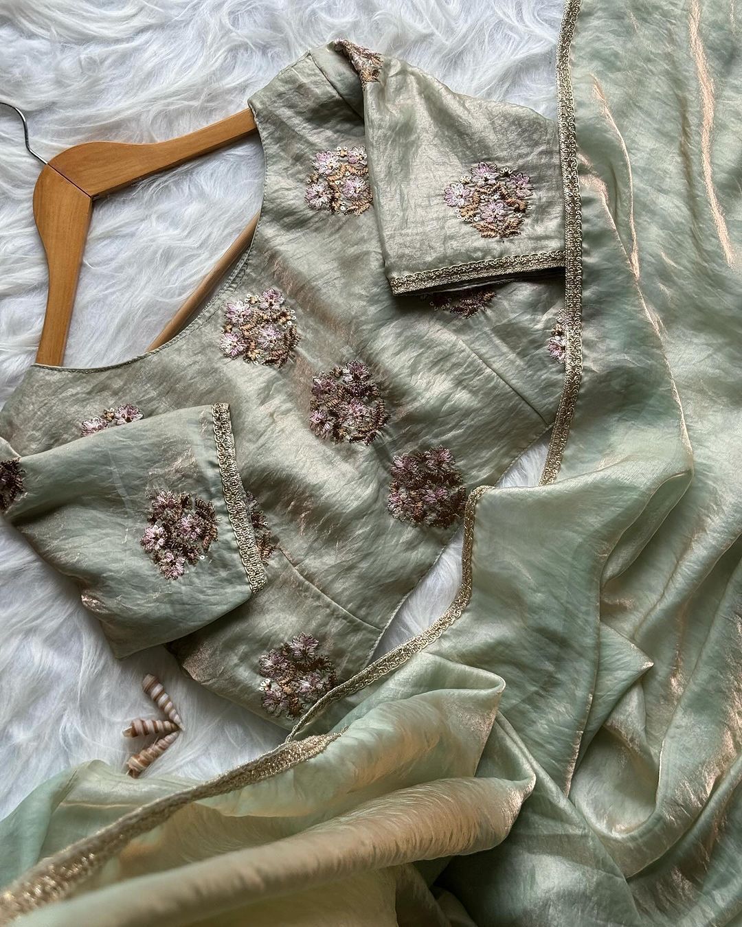 Mint Green Organza Saree with Hand Embroidered Floral Blouse