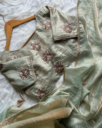 Mint Green Organza Saree with Hand Embroidered Floral Blouse