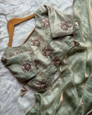 Mint Green Organza Saree with Hand Embroidered Floral Blouse