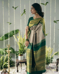Traditional Green Checks Silk Saree with Temple Border