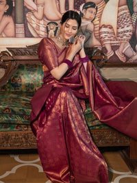 Banarasi Crimson Wine Silk Saree with Gold Zari Weave