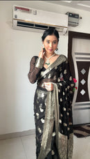 Black Sheer Organza Saree with Silver Zari Paisley Weave