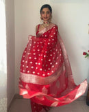 Scarlet Red Banarasi Saree with Zari Buttas and Floral Border