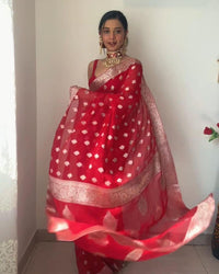 Scarlet Red Banarasi Saree with Zari Buttas and Floral Border