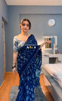 Midnight Bloom Pure Cotton Saree with Indigo Print