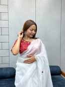 Suhani White Chiffon Saree with Red Bandhej Blouse