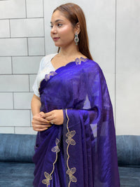 Aarvi Navy Blue Floral Embroidered Saree