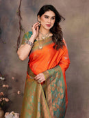 Sharvika Orange & Green Banarasi Leaf Woven Silk Saree