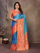 Sharvika Sky Blue & Orange Banarasi Leaf Woven Silk Saree