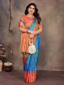 Sharvika Sky Blue & Orange Banarasi Leaf Woven Silk Saree