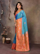Sharvika Sky Blue & Orange Banarasi Leaf Woven Silk Saree