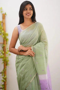 Mireya Pastel Green Cotton Saree with Lavender Pallu