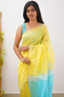 Mireya Yellow Cotton Saree with Sky Blue Pallu