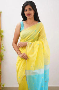 Mireya Yellow Cotton Saree with Sky Blue Pallu