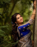 Gery Color With blue Blouse Golden Fulda Soft Silk Kantivati Saree Weaving
