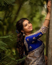 Gery Color With blue Blouse Golden Fulda Soft Silk Kantivati Saree Weaving