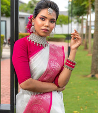 White & Pink Border Kanjipuram Soft Silk Saree