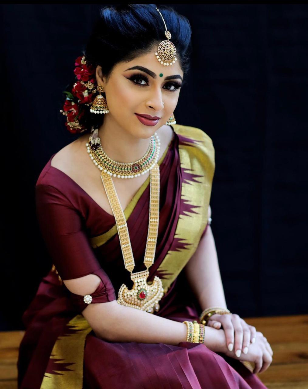 Valiba Beautiful Dark Maroon & Golden Jacquard Work Silk Designer Sarees