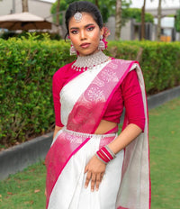 White & Pink Border Kanjipuram Soft Silk Saree