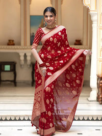 Scarlet Red Banarasi Soft Silk Saree