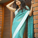 Samaira - Firozi Soft Silk Saree with Subtle Jacquard and Matching Blouse