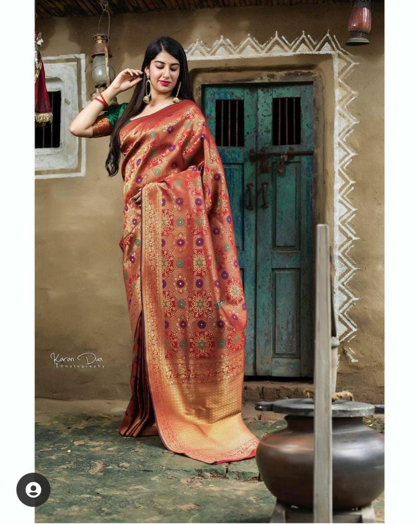 Red With Green Butta Soft Silk Banarasi Saree