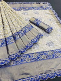 Vasundi - Beige Kanjivaram Silk Saree with Royal Blue Zari Border