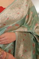 Saanvika – Sea Green Soft Silk Saree with Jacquard Weaving & Rich Red Blouse