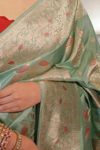 Saanvika – Sea Green Soft Silk Saree with Jacquard Weaving & Rich Red Blouse