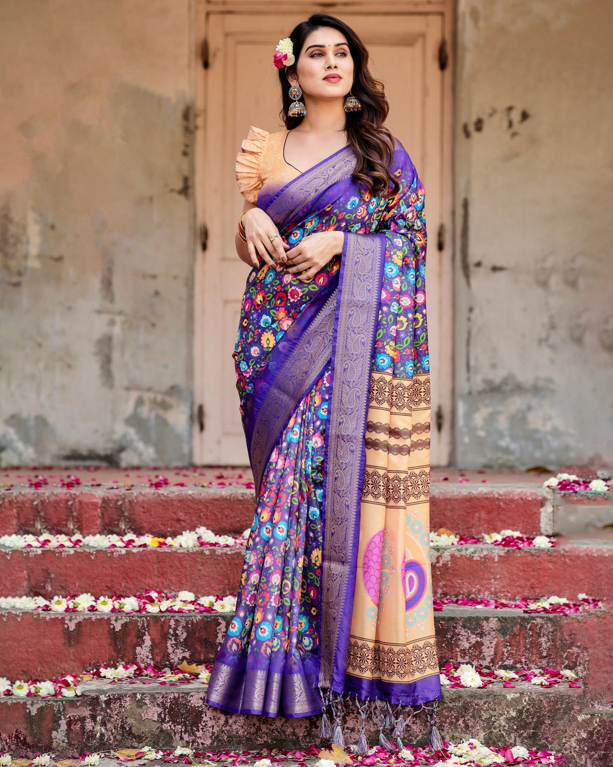 Royal Purple Floral Printed Cotton Silk Saree