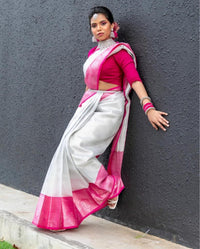 White & Pink Border Kanjipuram Soft Silk Saree