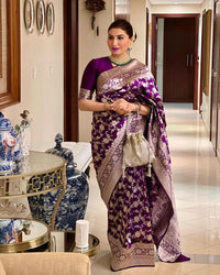 Dipali - Wine Banarasi Silk Saree with Silver Zari Floral Weaving