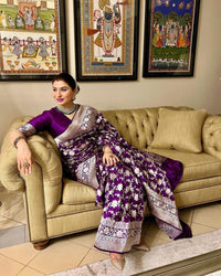 Dipali - Wine Banarasi Silk Saree with Silver Zari Floral Weaving