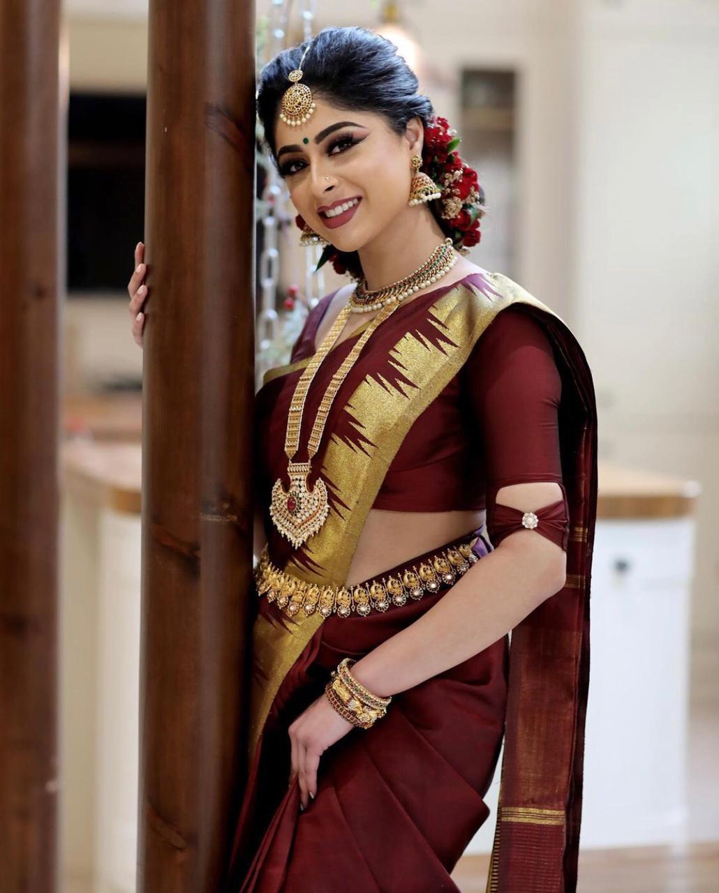 Valiba Beautiful Dark Maroon & Golden Jacquard Work Silk Designer Sarees